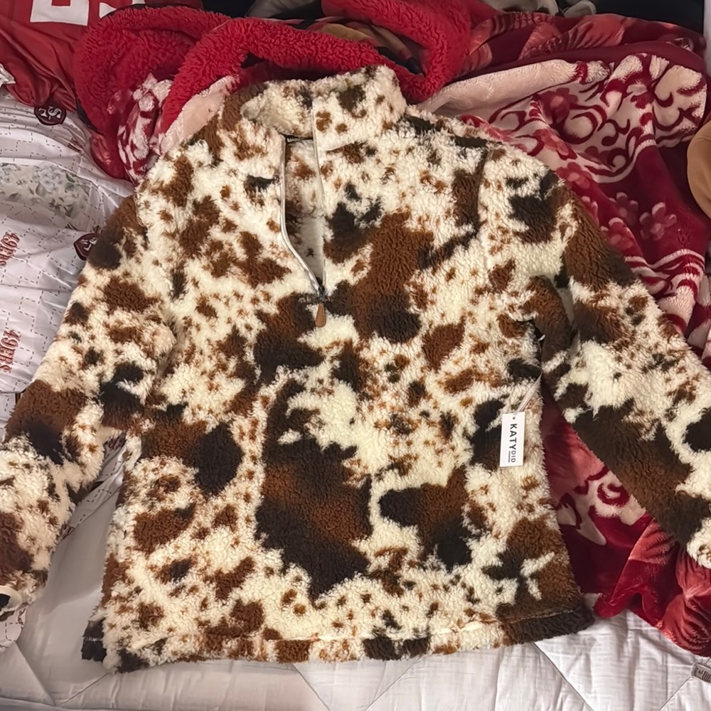 Cow Print Sherpa Brown and Cream Fuzzy Pullover